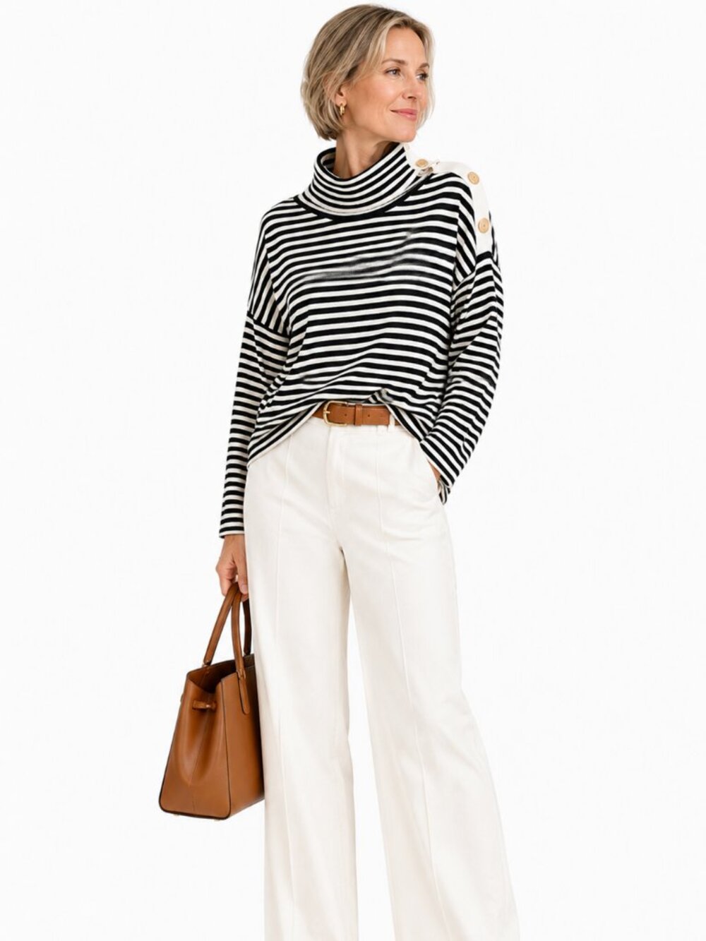 Chico’s Zenergy Striped Turtleneck Sweater Black White Gold Button Shoulder